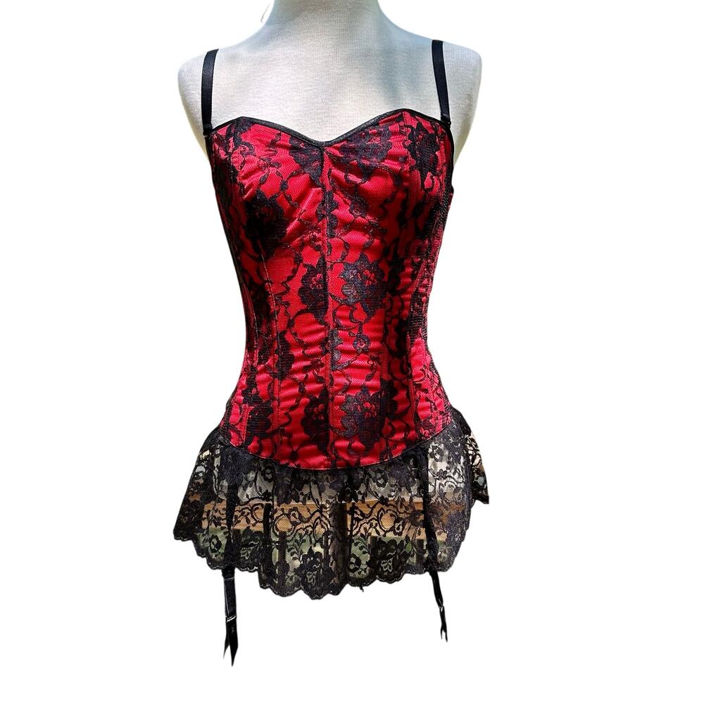 Fredricks Of Hollywood Satin Corset Small Red Black Ruffled Garter Straps